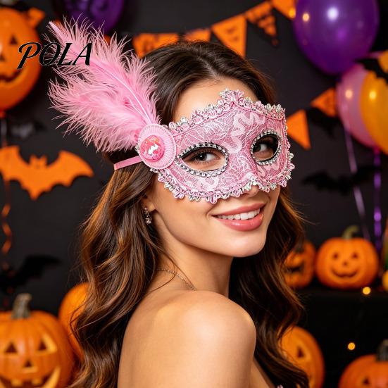 Venetian Masquerade Mask Halloween Princess Half Face Mask, Party High End Ball with Lace Feather Rhinestones, Adjustable Ribbon Women Accessory