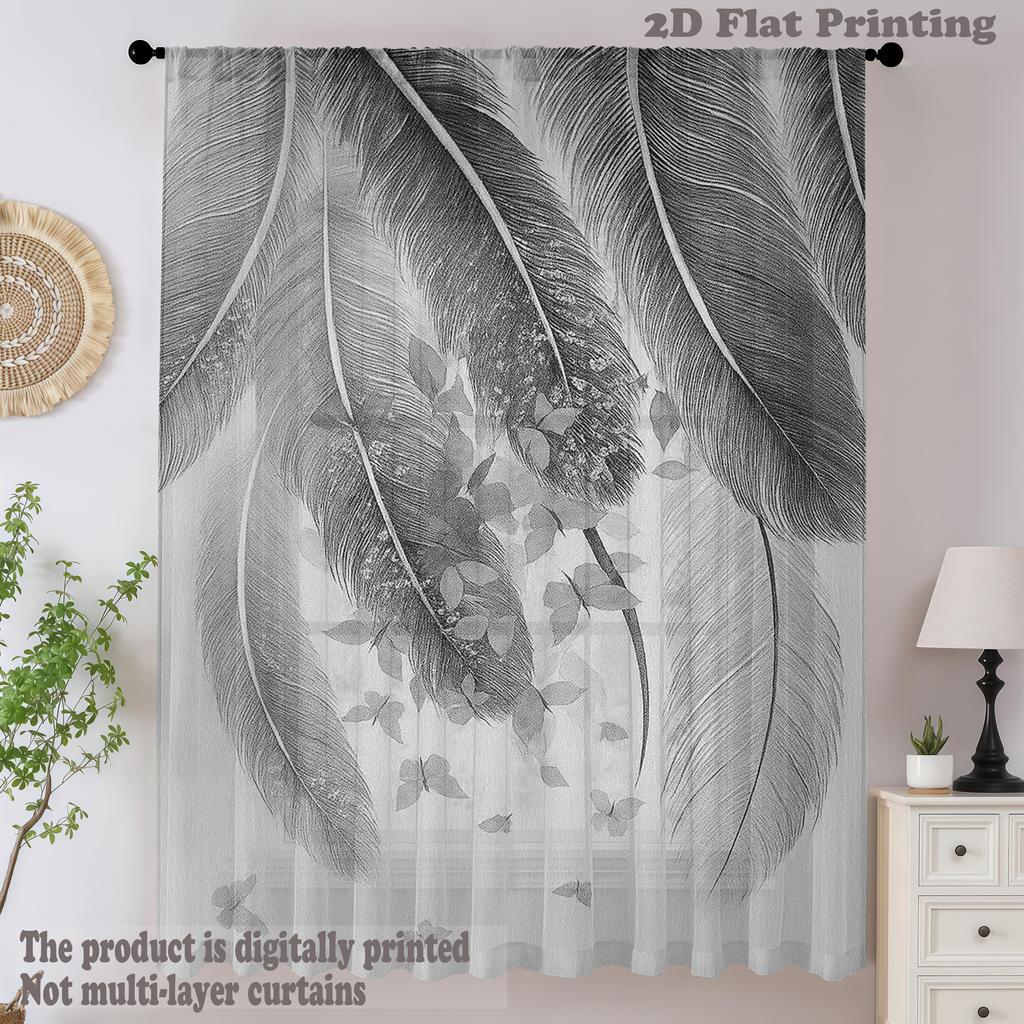 Black White Feather Pattern Curtains Minimalist Window Drapes Living Room Bedroom Home Decor Modern Light Filtering Polyester Sitting Treatment