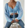Summer Women's V-Neck Drawstring Lantern Sleeve Tight Fashion Sexy Blouse Top