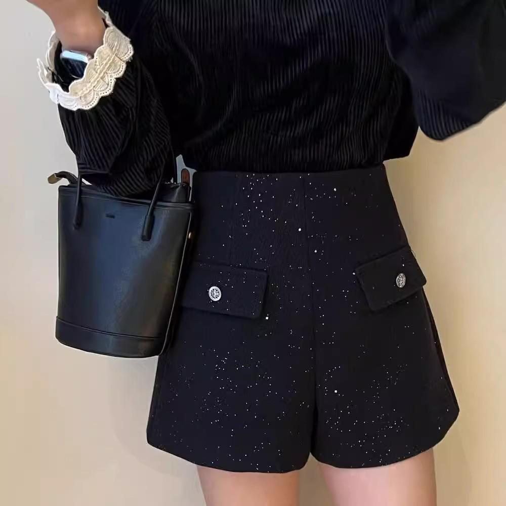 

Women s High-Waisted Woolen Shorts - 2026 Autumn & Winter A-Line Wide-Leg Sequin Bootcut Pants XS