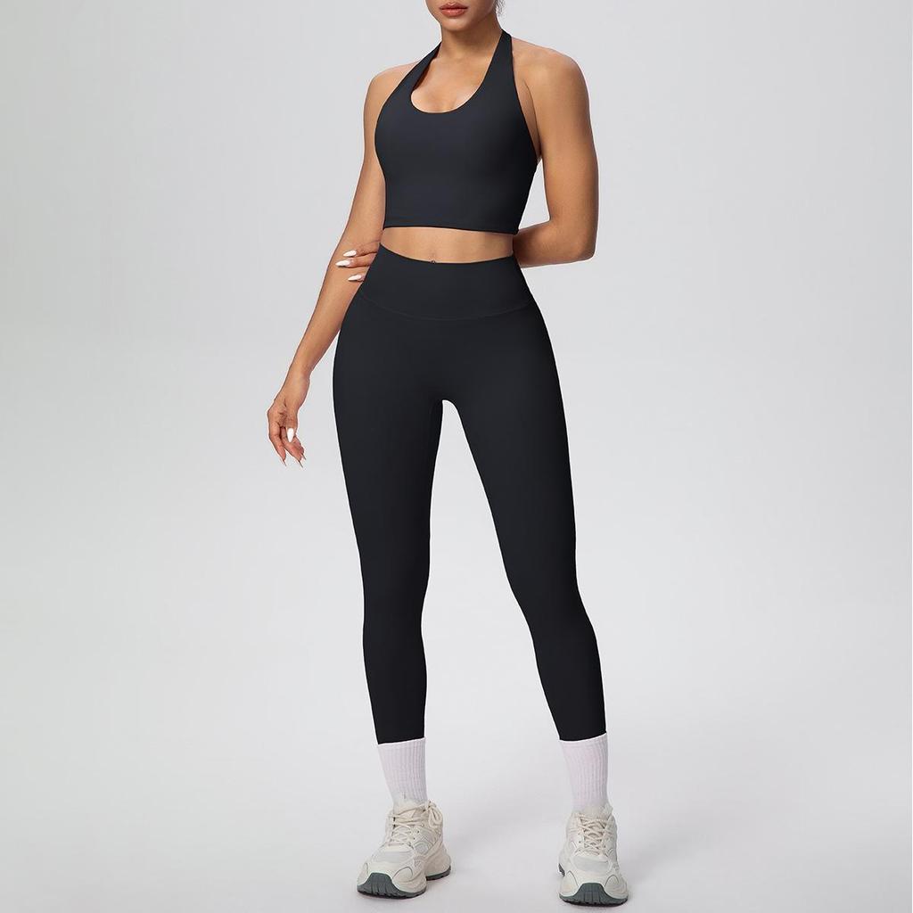 Solid Color Halter Sports Bra & Body Sculpting Yoga Pants Set