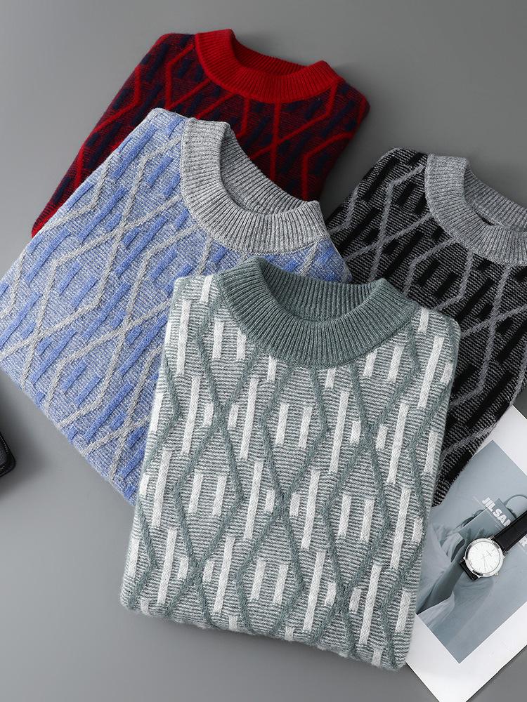 2025 Men’s Autumn/Winter Loose Fit Wool Sweater - Round Neck, Color Block, Plus Size Jacquard Pullover