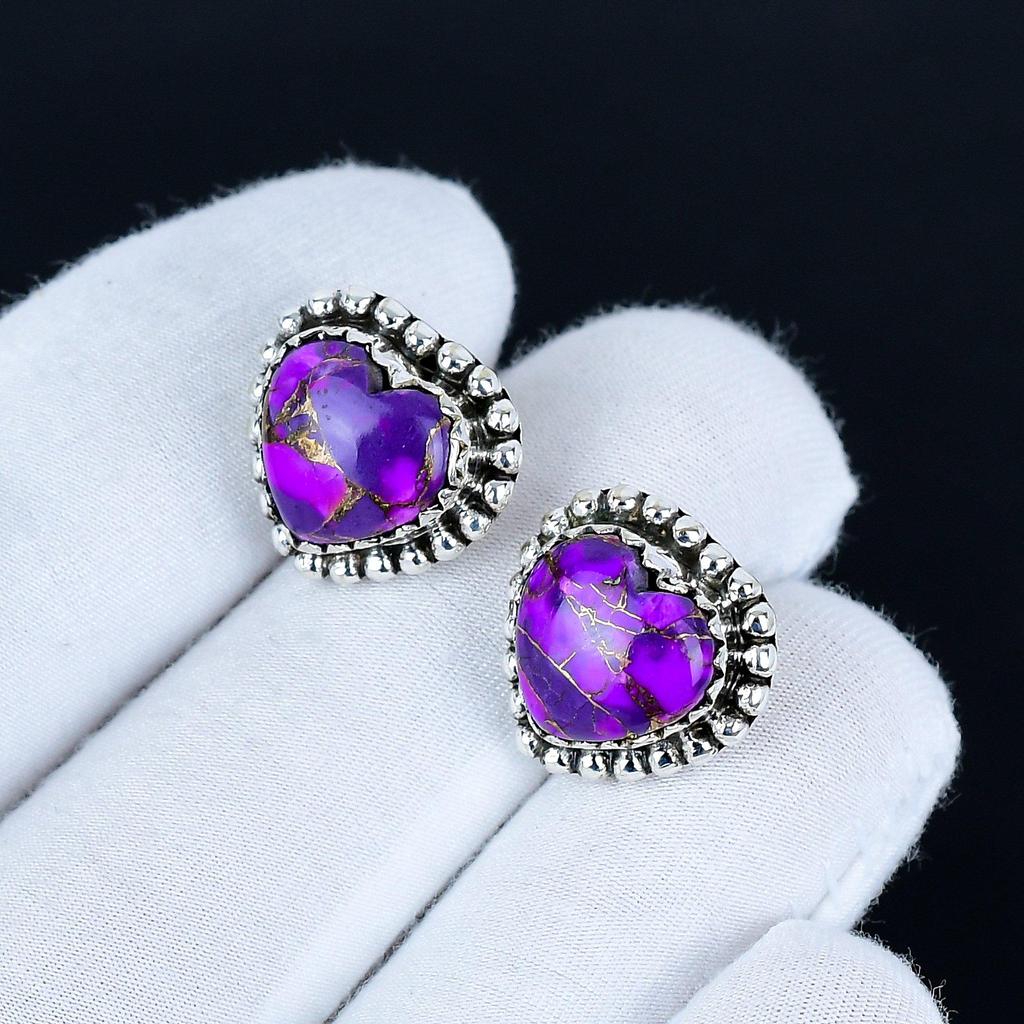 Purple Spiny Turquoise Earrings | 925 Sterling Silver Stud Earrings | Handmade Gemstone Love Studs Heart Earrings | Boho Jewelry Christmas Gift