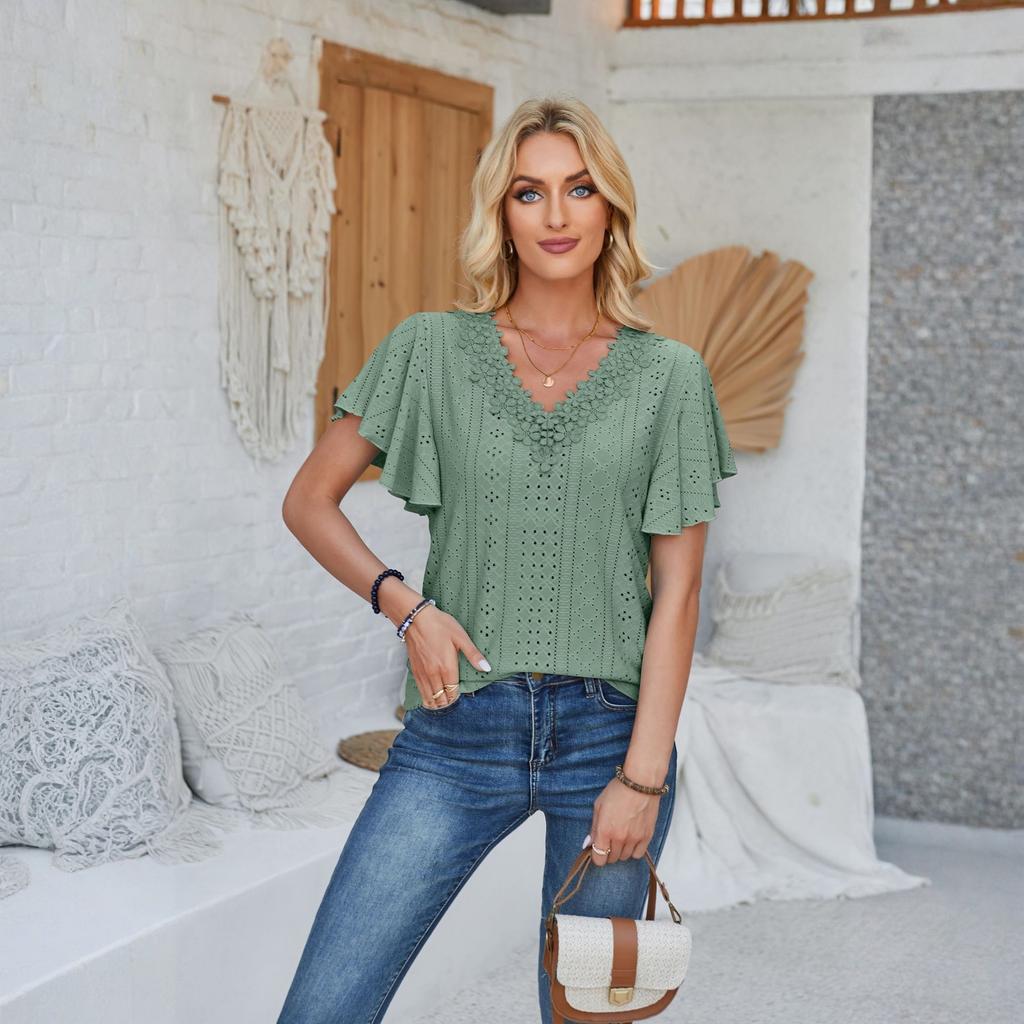 Women's Fashionable Casual Lace V-Neck Ruffle Sleeve Loose T-Shirt