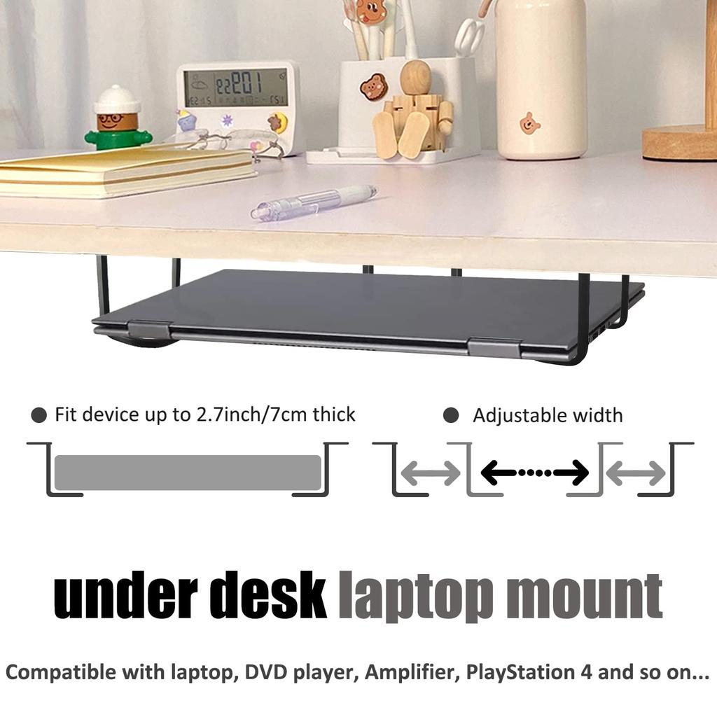Laptop Shelf Fits Devices up to Aluminum Laptop Laptop Stand Tray for PlayStation and More Under-Desk Holder, Under-Desk Bracket, 2.7" Tall,