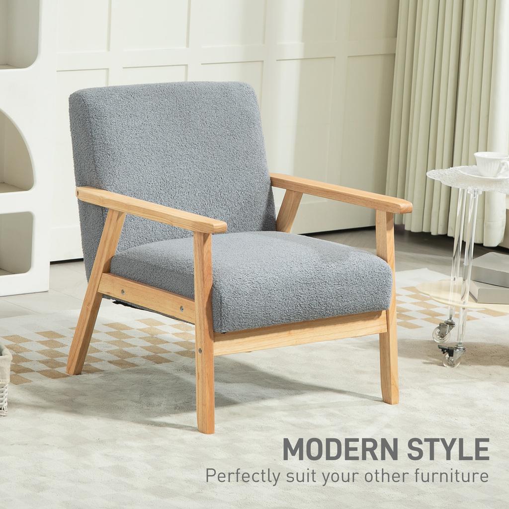 Modern Armchair, Cashmere Upholstered Sofa with Solid Wood Legs and Wide Seat, Accent Chair for Living Room Bedroom Office, Grey
