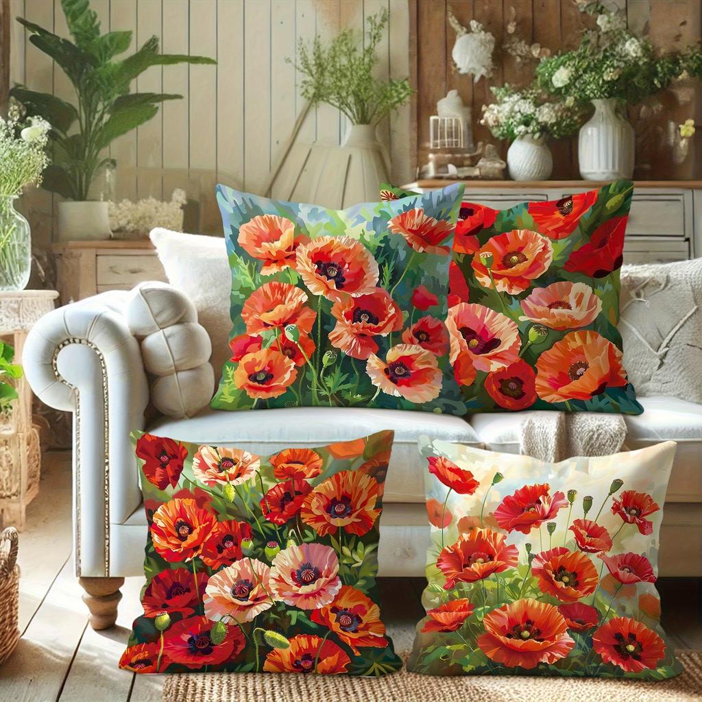 Home Decor Colorful Poppy Flower Pillow Covers For Home Pattern Cushion Cover Suitable For Sofa Bedroom Car Pillow Cover