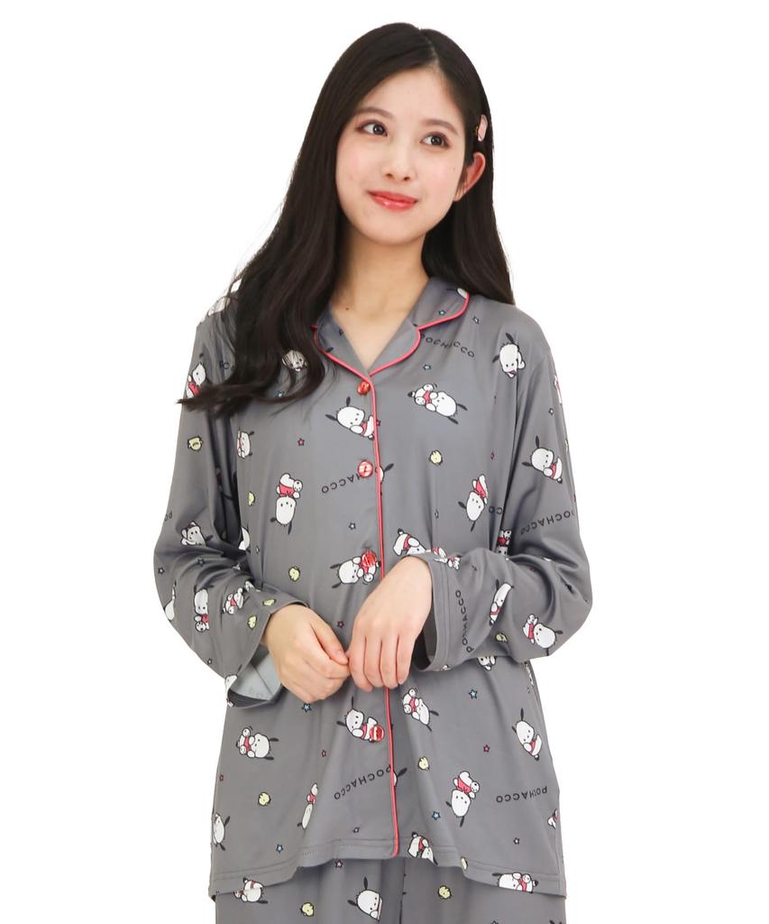 Pochacco Shirt Powder Long Long Top and Bottom Room Loungewear [SAZAC] Pajamas, Stretch, Women's, Sleeves, Pants, Set, Wear, (Gray/M/SAN1912)