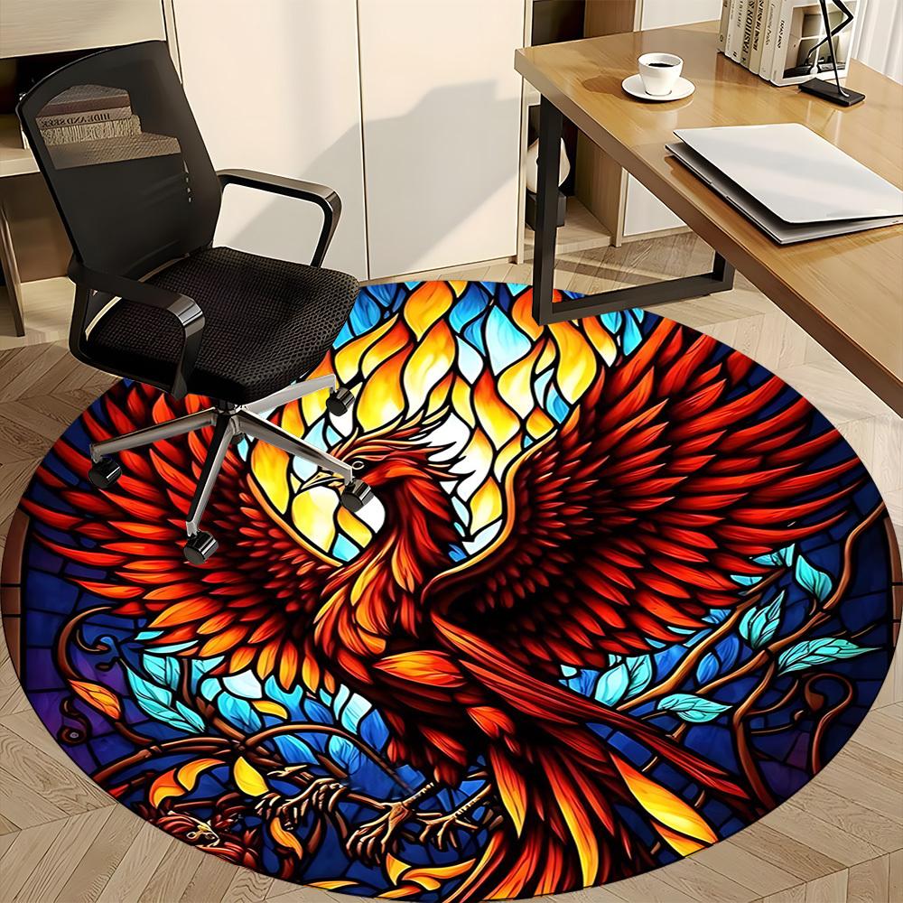 1pc Phoenix StainedGlass Office Round Area Rug, Under Office Chairs Bedroom Living Room Home Decor, Room Deco