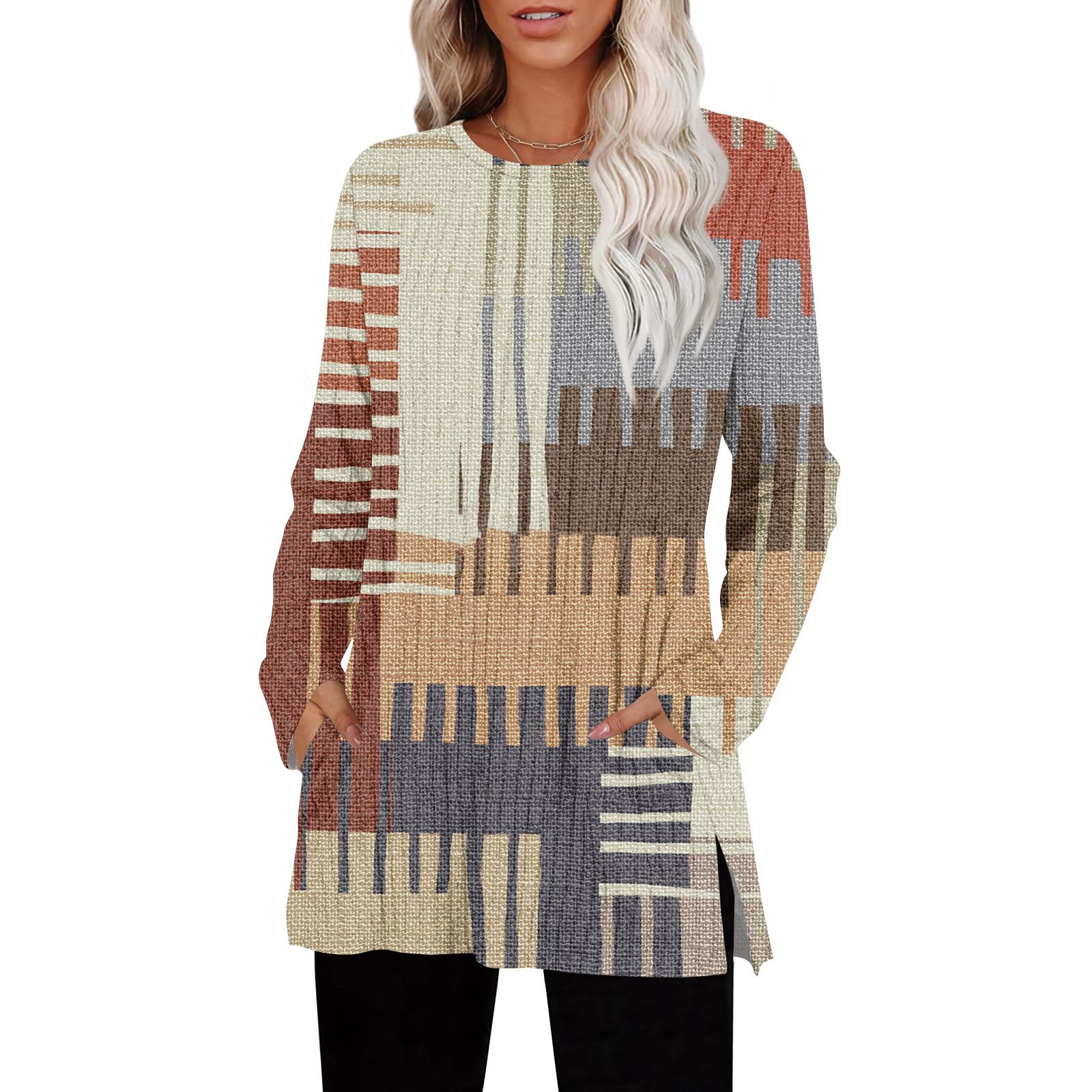 

Womens Sweaters Crewneck Long Sleeve Shirts With Pockets Fall Outfits Fashion Winter Clothing Side Slit XXL