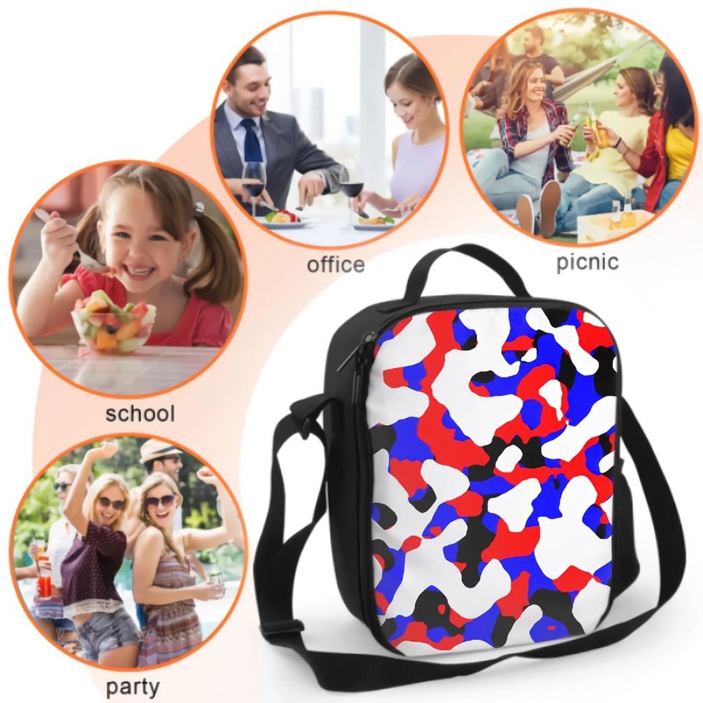 Blue Red White Black Camo Insulated Lunch Bag for School Office Picnic Colorful Camouflage Geometric Print Cooler Tote Lunch Box
