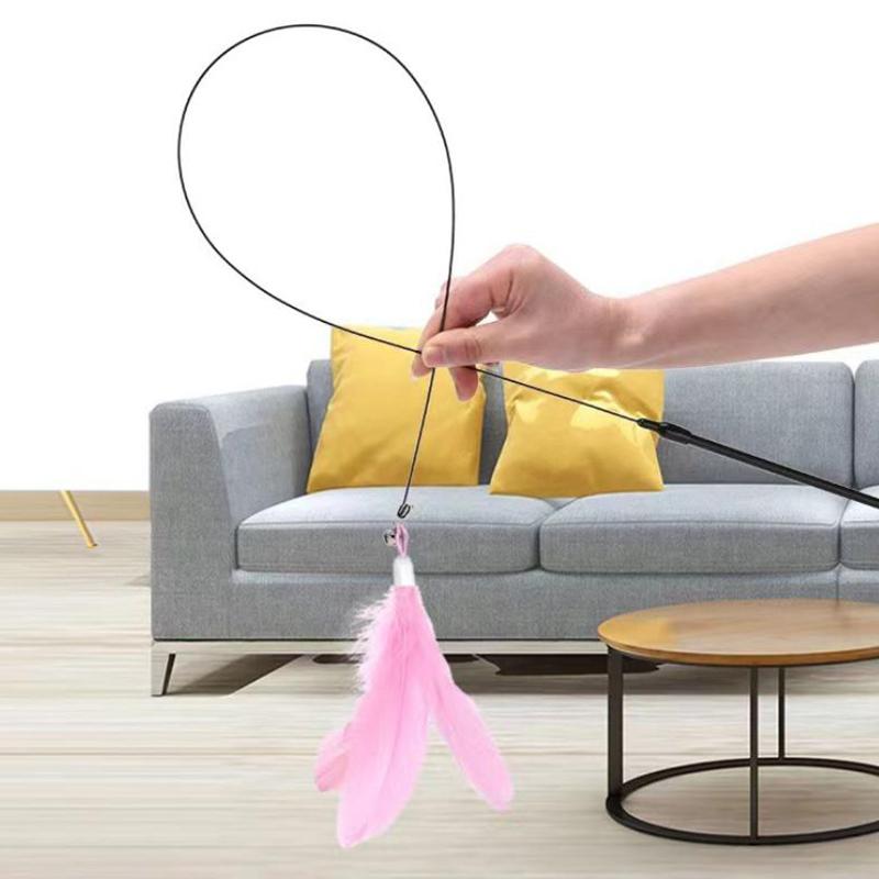 §Spring Teasing Cat Stick Long Pole Cat Teaser Stick Toy Feather Funny Simulation Fishing Rod Bell Squeaky Cat Toy