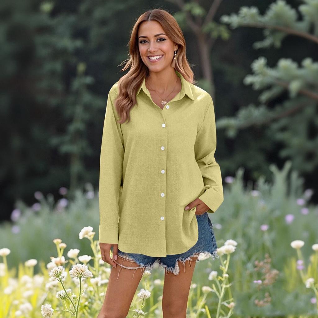 Women's Casual Solid Color Tops Long Sleeve Button Loose Breathable Shirt