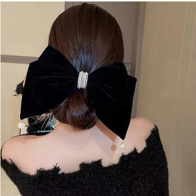 New Black Red Velvet Big Bow Hair Pins Elegant Imitation Pearl Crystal Hair Clip for Women Ponytail Barrette Heawear Accessories