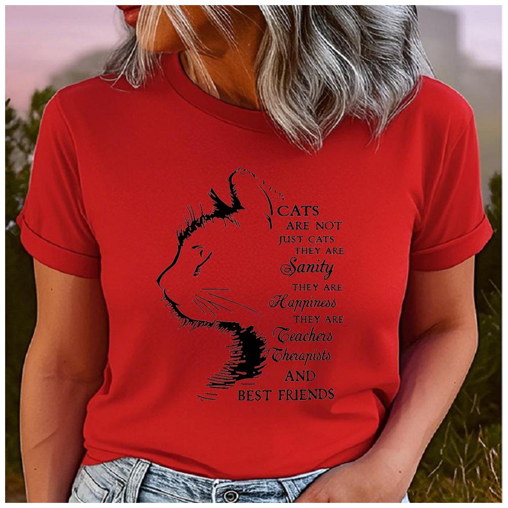 Unisex 100% Polyester Summer Top with Cat Profile Print Loose round Neck Short Sleeve Fashion for Astrology Lovers Black-White Stri