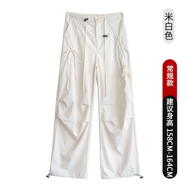 Bow overalls women's spring new paratrooper pants high waist wide legs thin lace-up casual sports pants