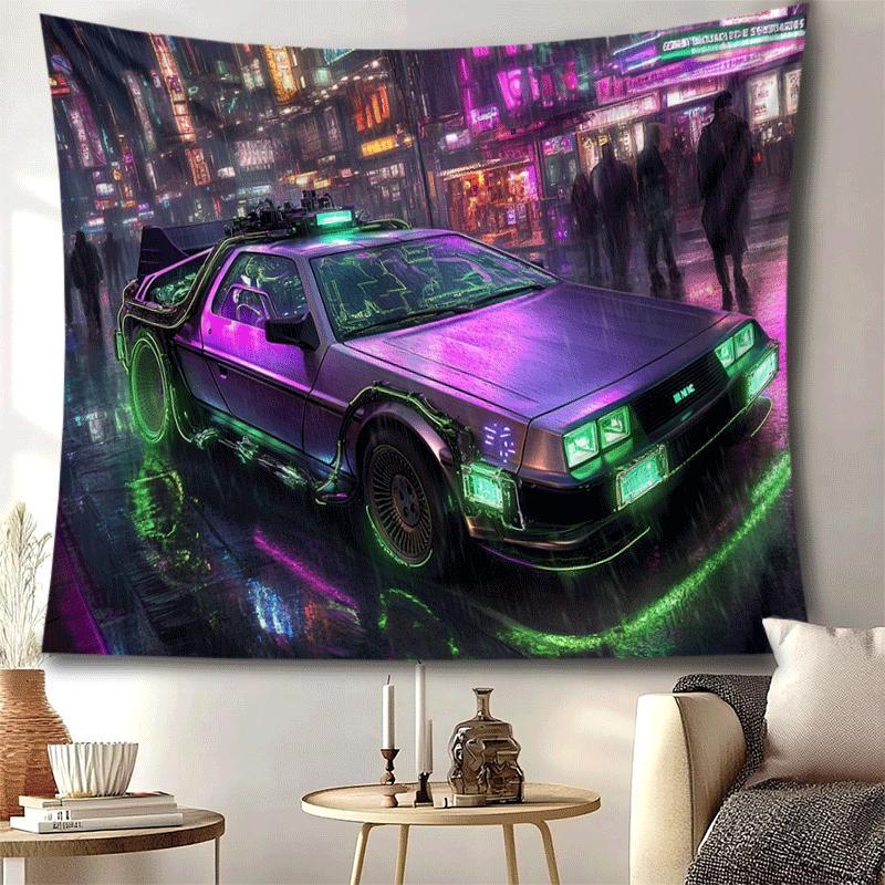 Wall Mounted Car Tapestries Banner Neon Rainy Night Cool Future Car Tapestries for Living Room Bedroom Dormitory Decoration