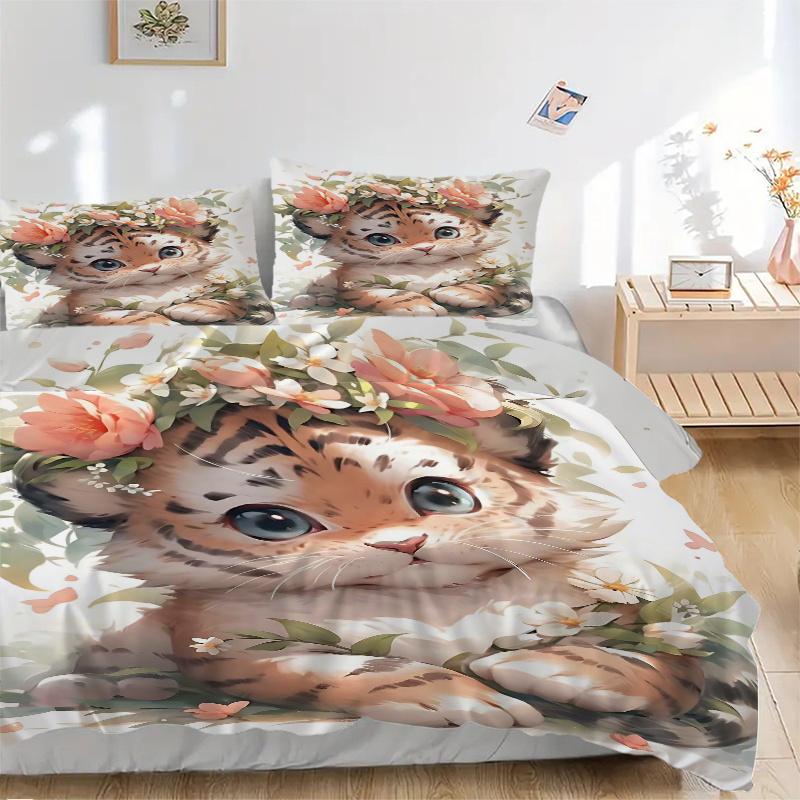 3pcs Adorable Tiger Printed Bedding Set, Soft and Comfortable Quilt Cover for Bedroom, Guest Room (1 Duvet Cover + 2 Pillowcases, Pillow Core Not