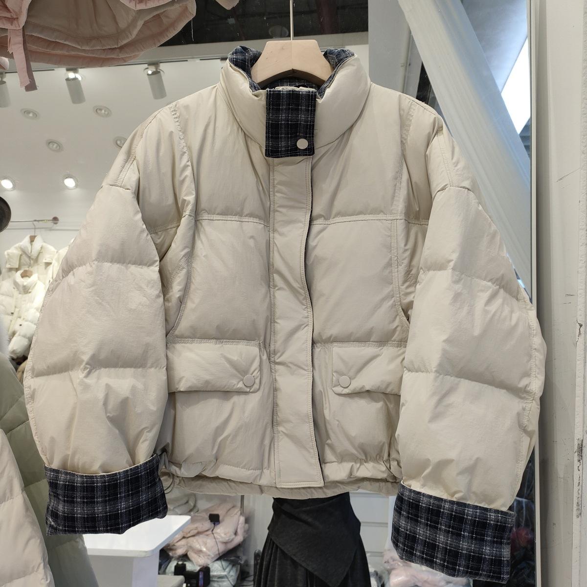 

2025 winter new splicing plaid down jacket women s short stand-up collar thickened warm loose bread jacket S белый