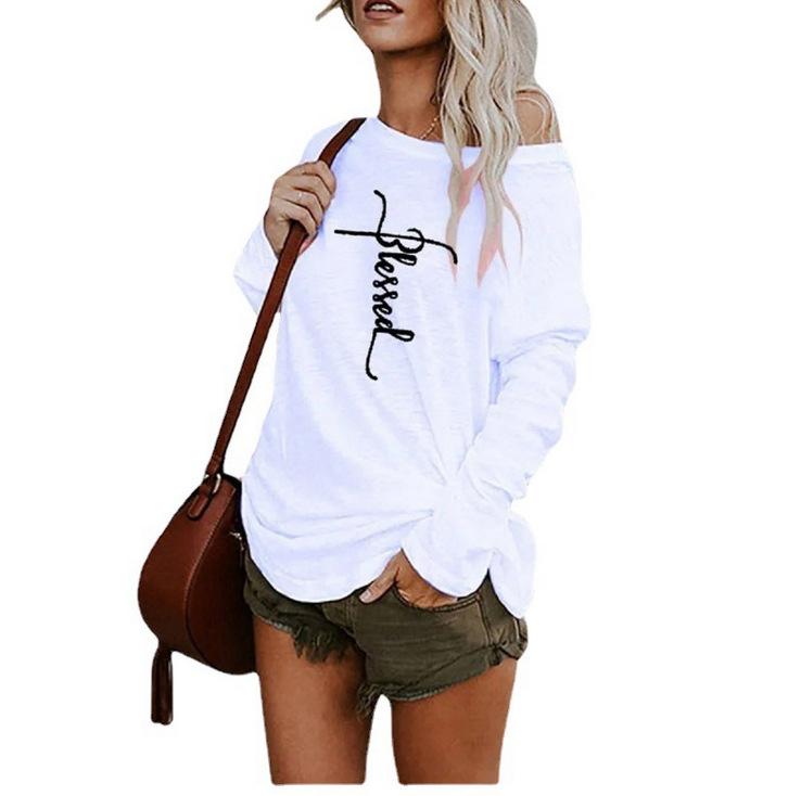 Women's Fall Slim Printed Strapless T-shirt Loose Long-sleeved Casual Tops