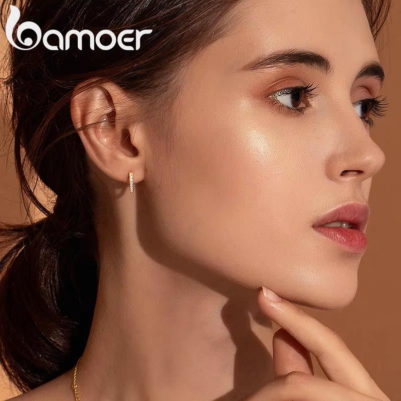 Bamoer 14K Gold Plated 925 Silver Cuff Earrings with Cubic Zircon, 10 Colors Huggie Stud for Women Girl SCE498