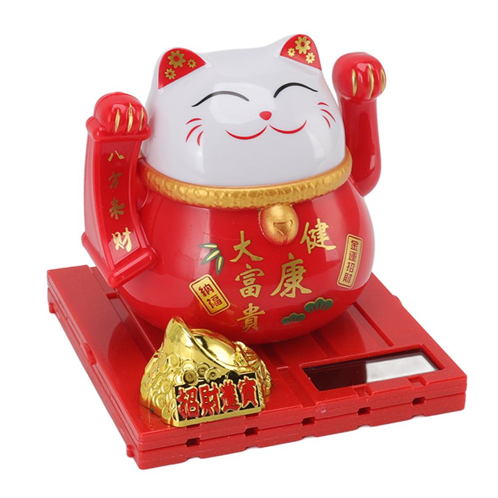 Solar Powered Waving Red Fat Cat Good Luck Wealth Welcoming Lucky Fortune Cat Home Room Office