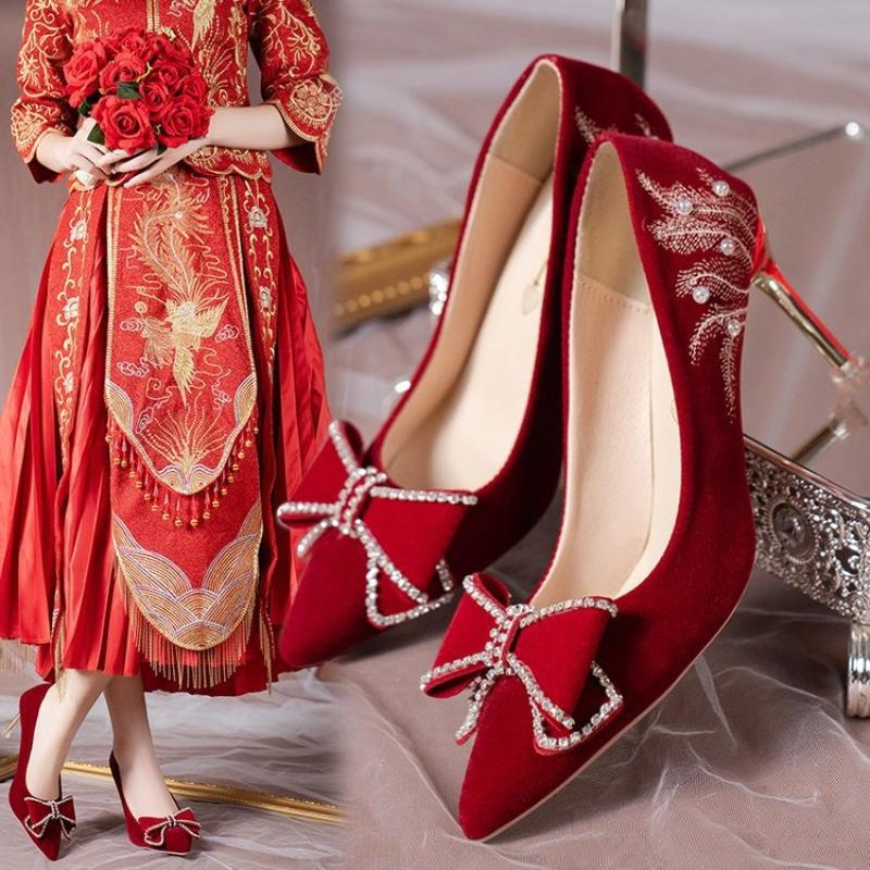Dámské svatební boty Nové Kamínková mašle Červené Svatební Dámské Vysoký podpatek Špičatá špička Nazouvací lodičky Nude boty