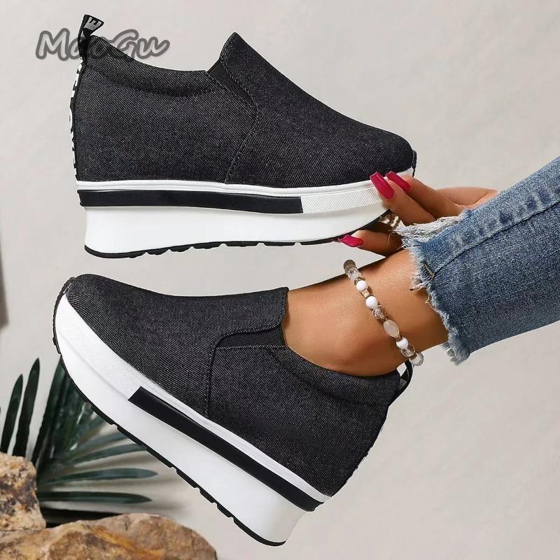 Fashion Women's Height Increasing Wedges Shoes Lightweight Slip On Platform Sneakers Women Thick Sole Denim Walking Rocker Shoes Woman