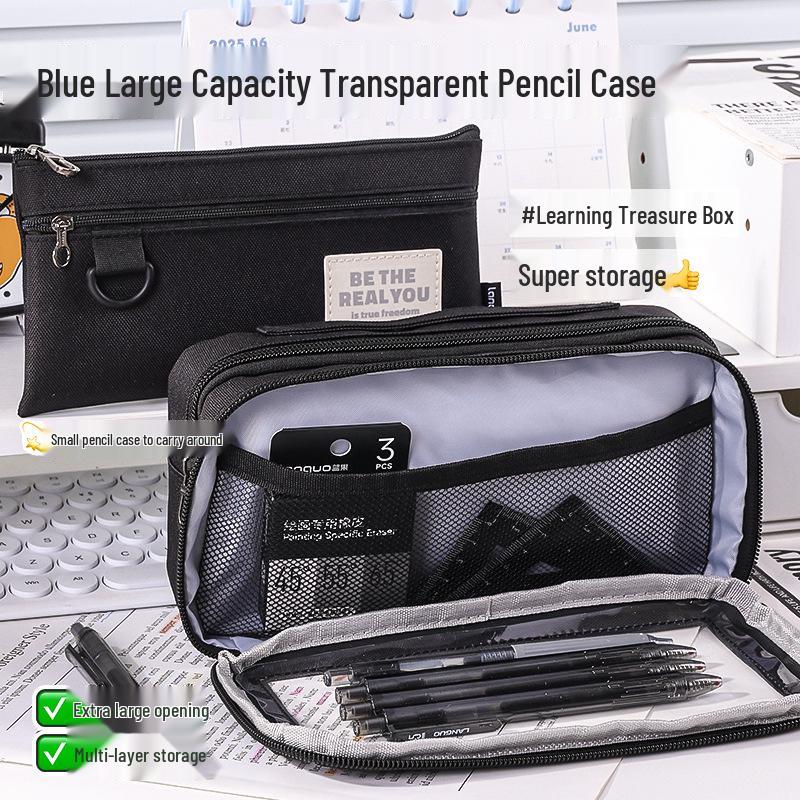 Large Capacity Blue Transparent Ita Pencil Case - Stylish and Functional for Students