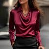 Women's Turn Down Collar Cowl Neck Long Sleeve Satin Blouse Regular Fit Elegant Work Shirt