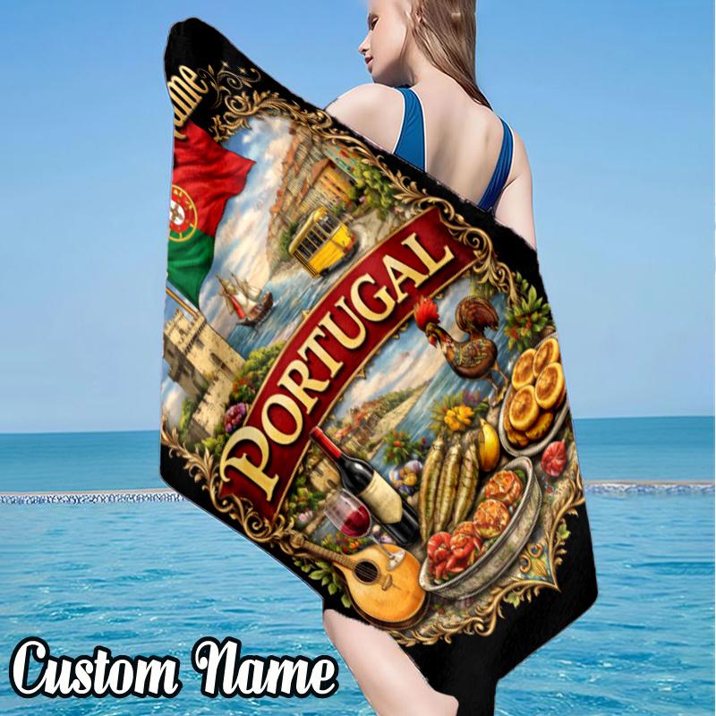 Custom Name Portugal Landscape Beach Towel - Soft, Ultra-Absorbent Microfiber, Lightweight, Perfect for Beach, Parties, Travel, Camping