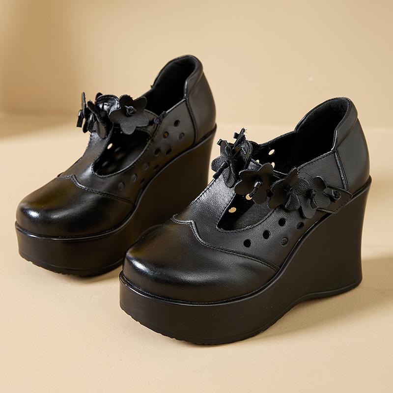 Fashion GKTINOO 2025 Spring Ethnic Style Women Genuine Leather Shoes Flower Wedges Heels Shoes Thick Sole Casual Ladies Platform Shoes