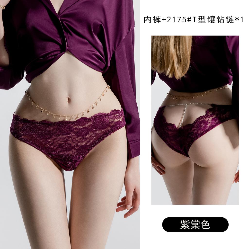 Women's Lace Rhinestone Chain Sheer Elastic Low Rise Briefs