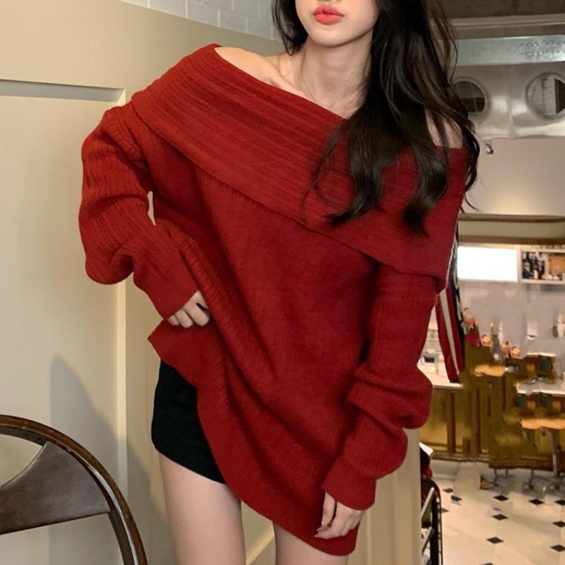 

Autumn and winter new lazy style high-end knitted pullover elegant temperament one-word shoulder long-sleeved clothes one size fits all червоний