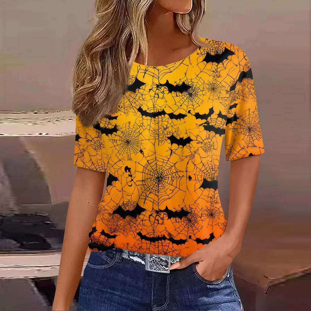 Women's Short Sleeve Halloween and Pumpkin Print T-Shirt, Casual Round Neck Pullover Top for Women
