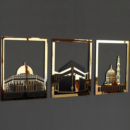 Masjid Set  Al Aqsa, Masjid Al Haram Masjid Nabawi Wooden Acrylic Kaaba Wall Decor