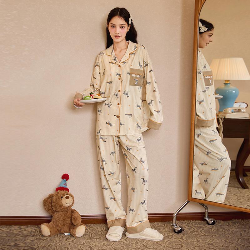Vernis pajamas women's pure cotton spring and autumn animal print cute outer wear ice porcelain cotton loungewear long sleeve suit