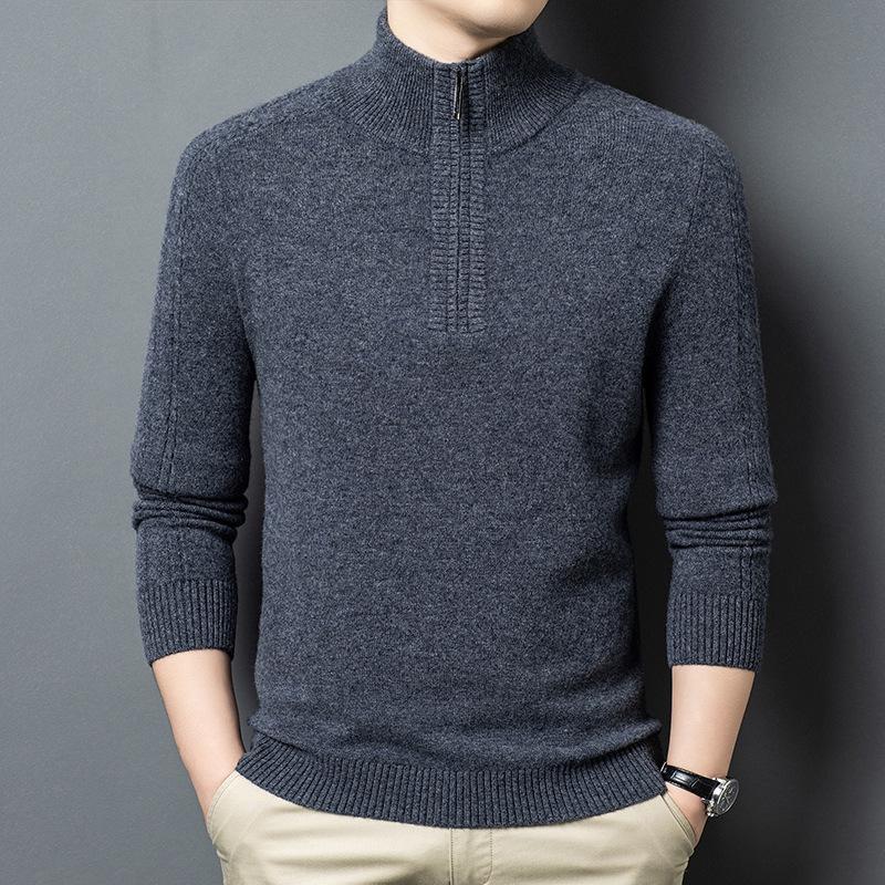 Men's 100% Merino Wool Half-Zip Pullover Sweater - Warm Winter Wear for Middle-Aged Men