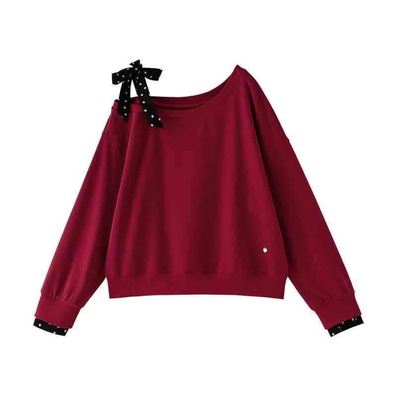 Chuyu Off-Shoulder Polka Dot Bow Short Sweatshirt