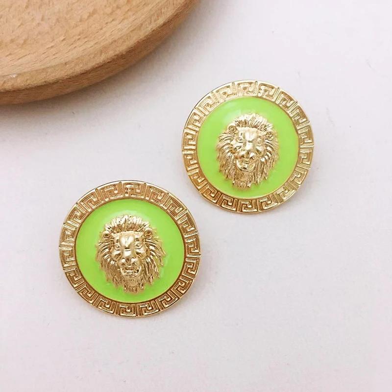 Embossed Pattern Enamel Lion Head Stud Earring for Women Round Earrings Post Hip Hop Exaggerated Earring Jewelry