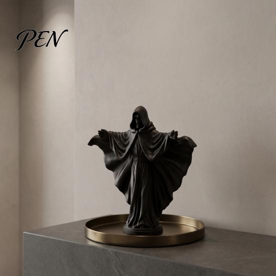 Durable Matte Black Decor 3D Printed Skeleton Figurine with Cloak, Gothic Statue, Spooky Tabletop Mysterious Character Sculpture Robe, Faceless