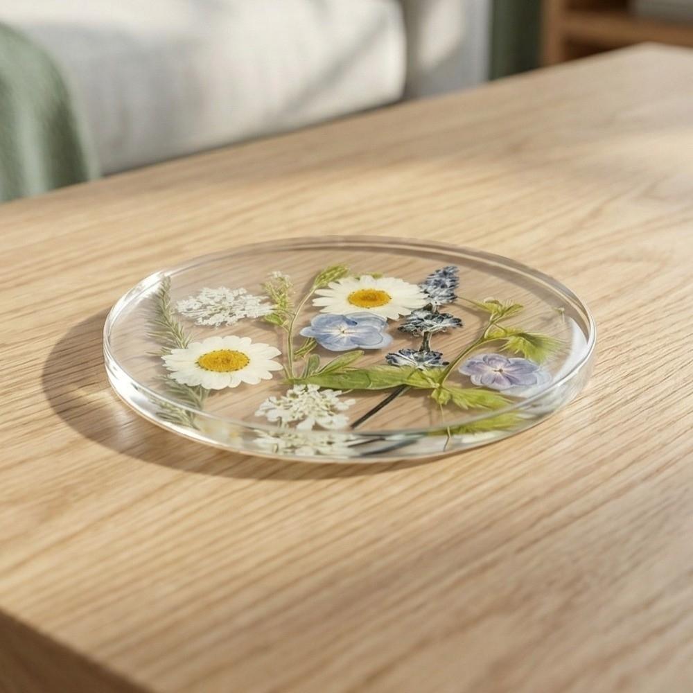 Transparent Floral Print Coasters Round Insulation Pad Table Decoration Acrylic Coasters  Tea Table
