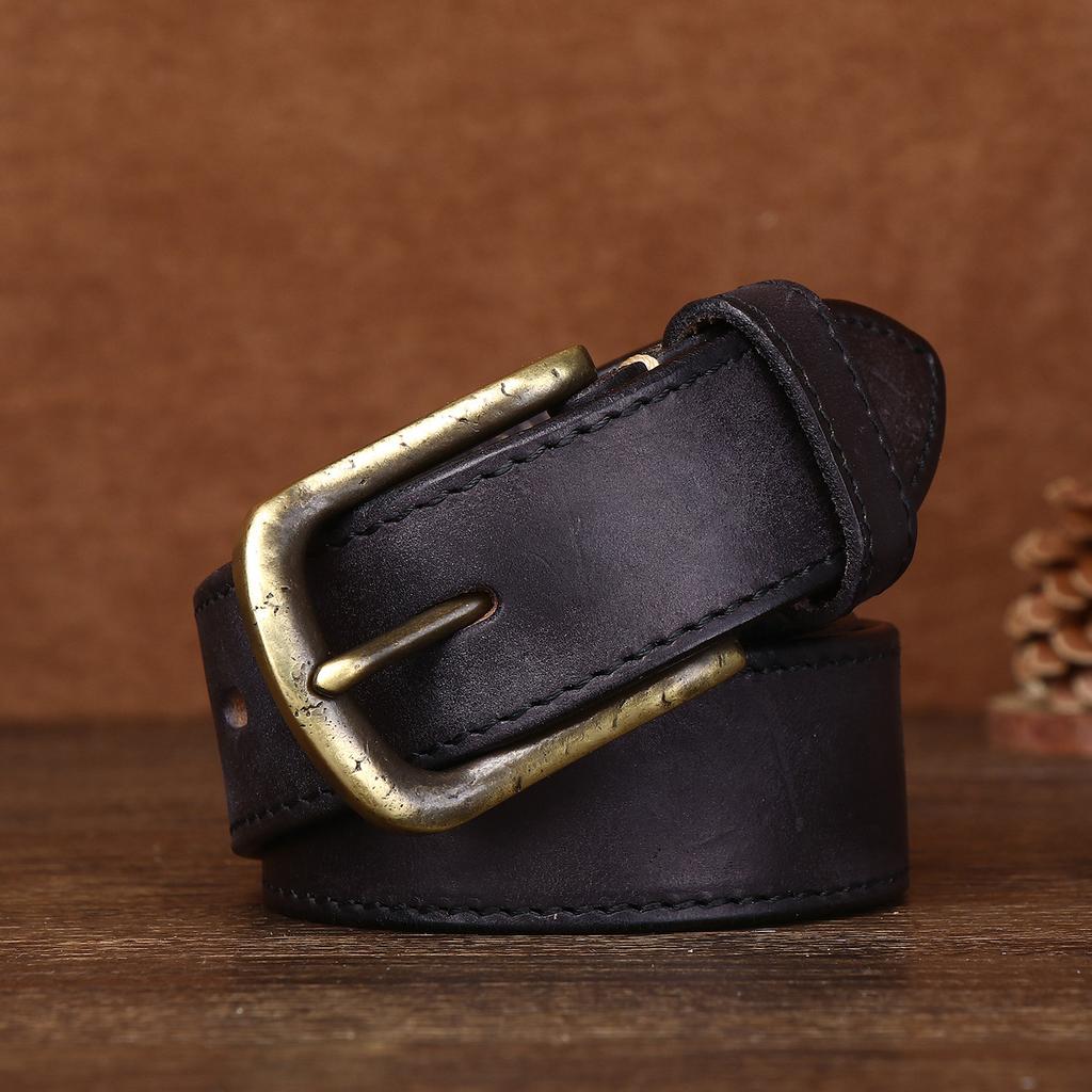 Men's Belt First Layer Cowhide Thickened Copper Buckle Vegetable Tanned Leather Washed Retro Belt