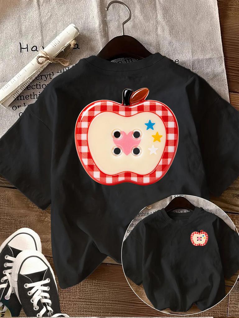 Plaid Apple Button Print Women T Shirt Cute Fruit Graphic Tee Casual Short Sleeve O Neck Loose Kawaii Summer Top Women Clothing