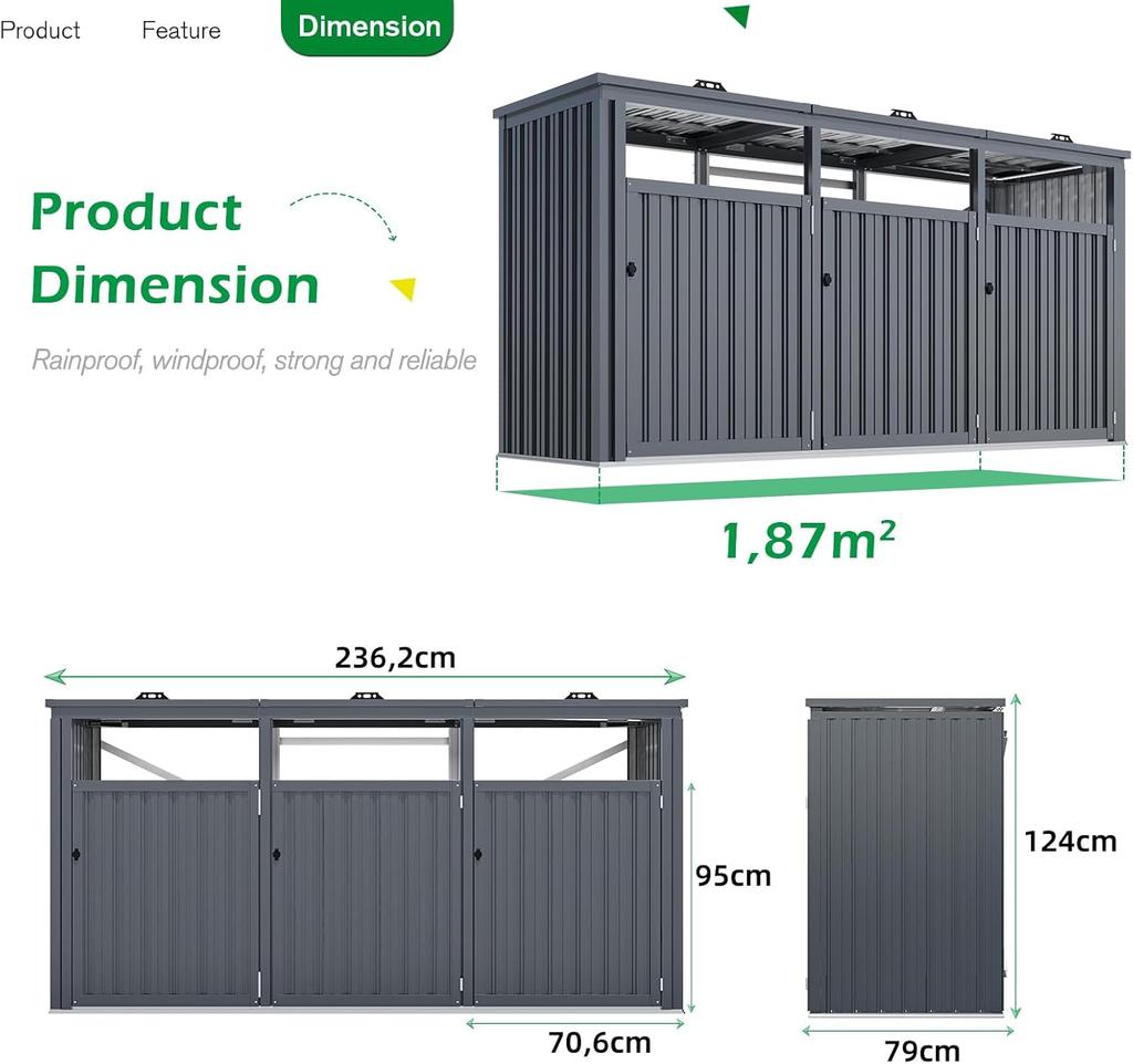 YODOLLA Outdoor Trash Can Storage Shed,  Metal Garbage Storage for 3 Cans, Heavy Duty & Waterproof for Garden & Patio