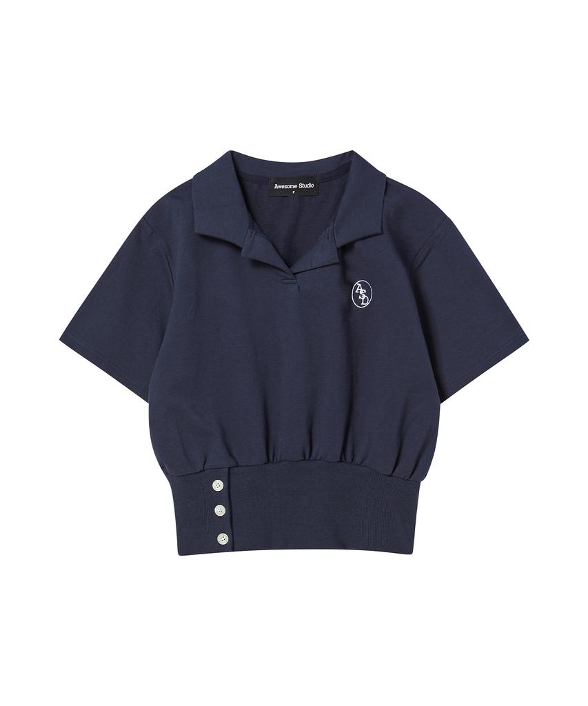 AWESOME STUDIO Button Detail Collared Short Sleeve T-Shirt Black
