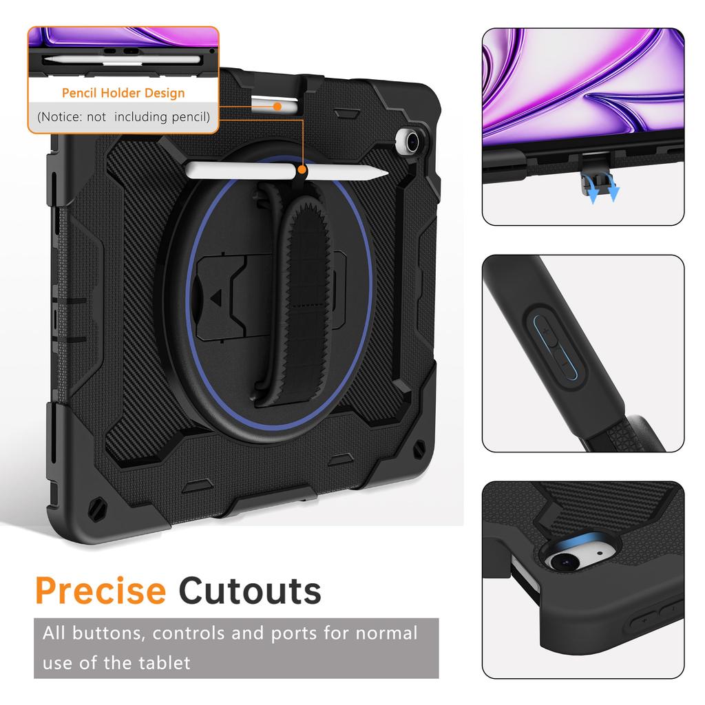 Case For iPad Air 13 11 4G 5G Heavy Duty Rotating Shockproof Stand Hand Shoulder Strap Black