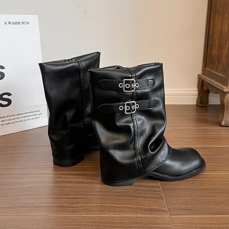 

Pleated stacked pants tube boots women s spring 2025 new thick heel black short boots with skirt locomotive Martin boots 40 чёрный