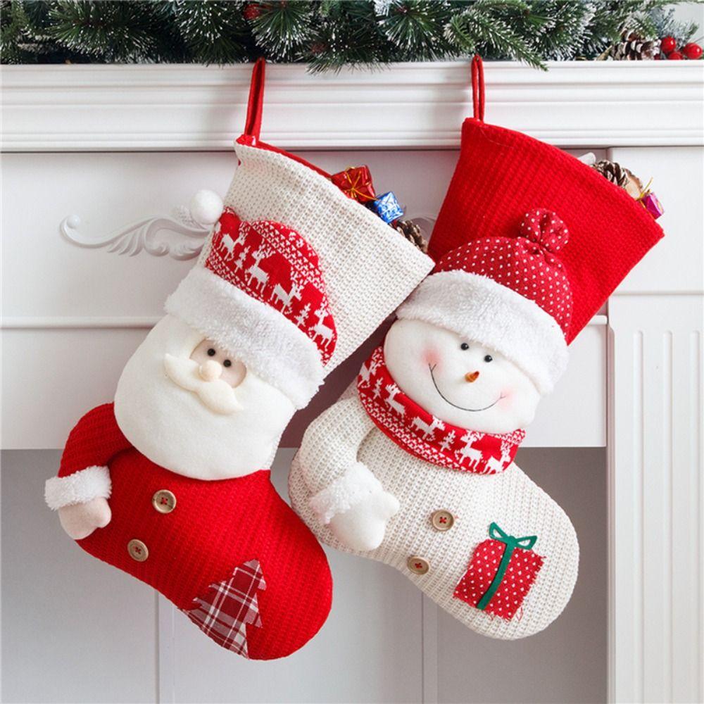 New Large Christmas Stocking Red White Knitted Fireplace Decor Socks Home Decoration Candy Holder Xmas Gift Bags