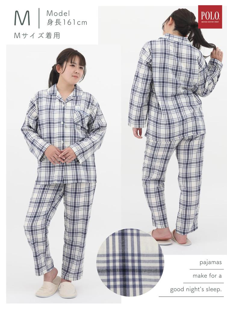 Kaituck Family POLO BCS Women's Yarn-Dyed Viyella Brushed Shirt Pajamas, Long Sleeve, Check Pattern, Spring/Autumn, Sizes M/L (M, Ivory)